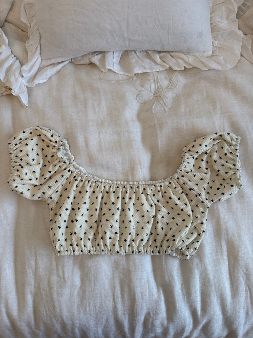 Lovers + Friends Cream Star-Print Puff sleeve swimsuit top